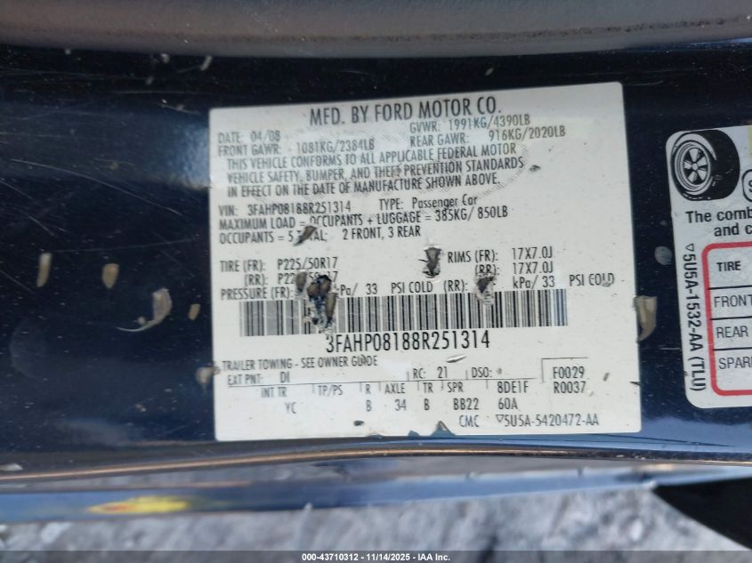 2008 Ford Fusion Sel VIN: 3FAHP08188R251314 Lot: 43710312