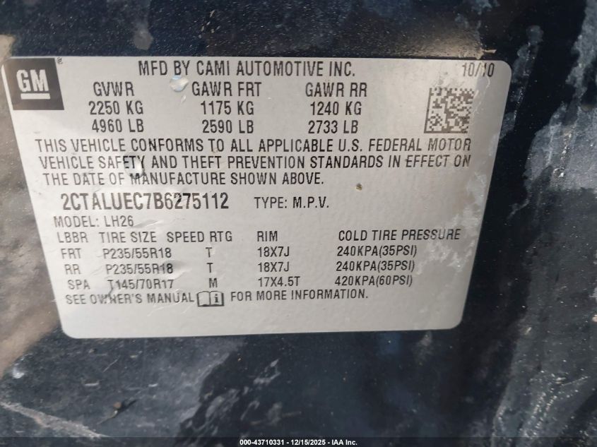 2011 GMC Terrain Slt-1 VIN: 2CTALUEC7B6275112 Lot: 43710331