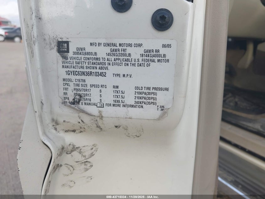 2006 Cadillac Escalade Standard VIN: 1GYEC63N36R103452 Lot: 43710334