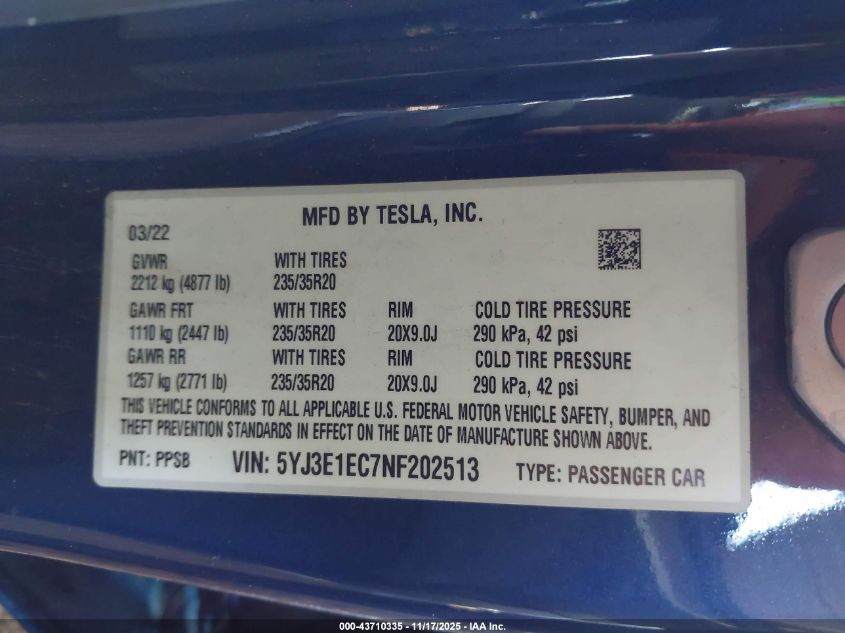 2022 Tesla Model 3 Performance Dual Motor All-Wheel Drive VIN: 5YJ3E1EC7NF202513 Lot: 43710335