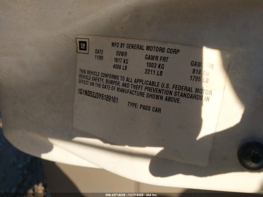 2000 Chevrolet Malibu VIN: 1G1ND52J3Y6189161 Lot: 43710339