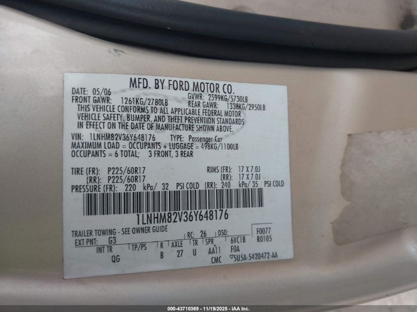 2006 Lincoln Town Car Signature Limited VIN: 1LNHM82V36Y648176 Lot: 43710369