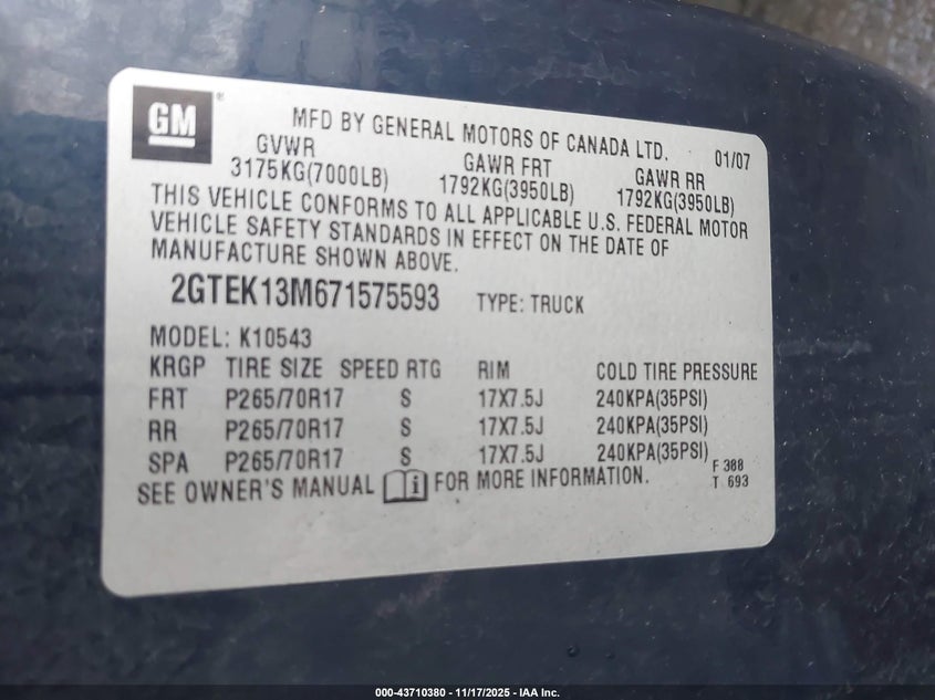 2GTEK13M671575593 2007 GMC SIERRA photo no. 9