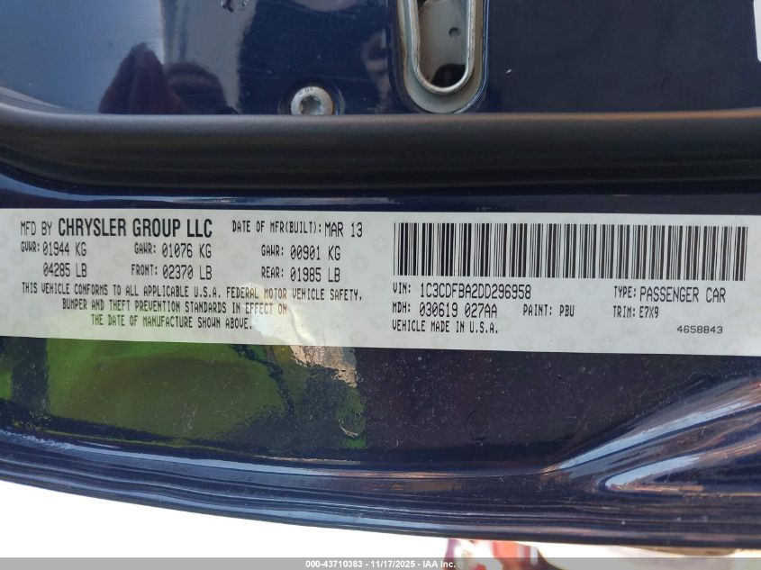 2013 Dodge Dart Sxt VIN: 1C3CDFBA2DD296958 Lot: 43710383