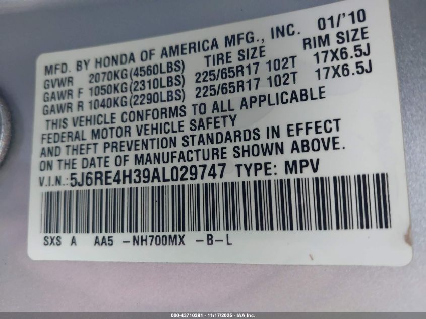 2010 Honda Cr-V Lx VIN: 5J6RE4H39AL029747 Lot: 43710391