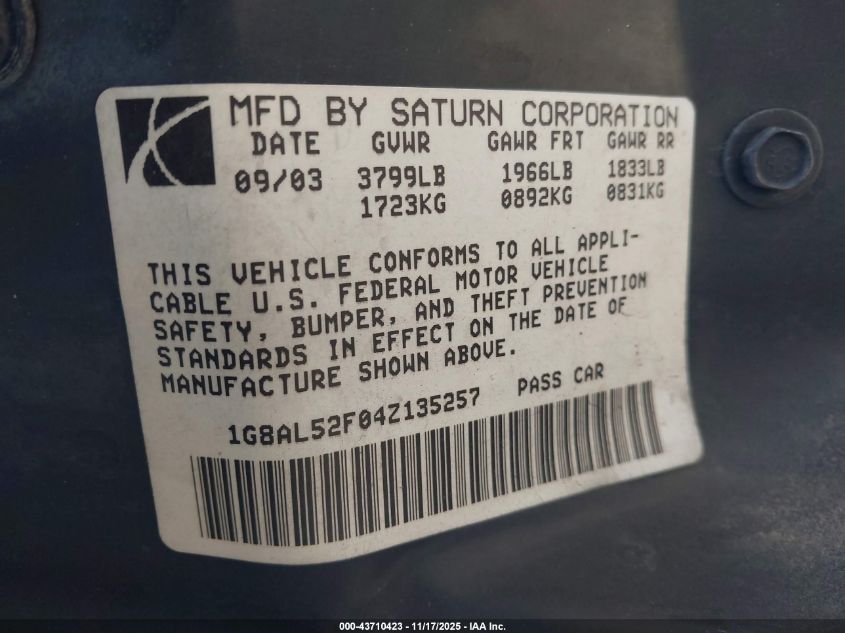 2004 Saturn Ion 3 VIN: 1G8AL52F04Z135257 Lot: 43710423