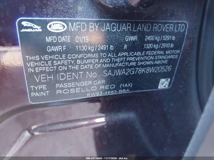2019 Jaguar Xj Xj50 V6/Xjl Portfolio VIN: SAJWA2G78K8W20526 Lot: 43710445