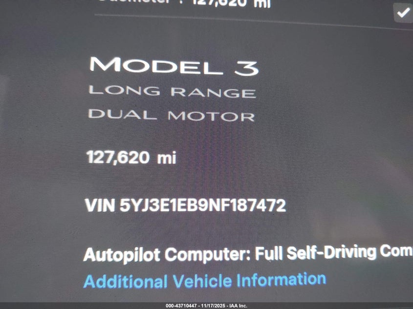 2022 Tesla Model 3 Long Range Dual Motor All-Wheel Drive VIN: 5YJ3E1EB9NF187472 Lot: 43710447