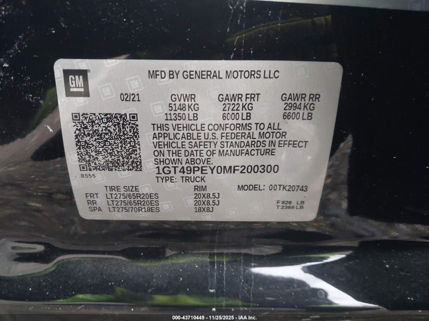 2021 GMC Sierra 2500Hd 4Wd Standard Bed At4 VIN: 1GT49PEY0MF200300 Lot: 43710449
