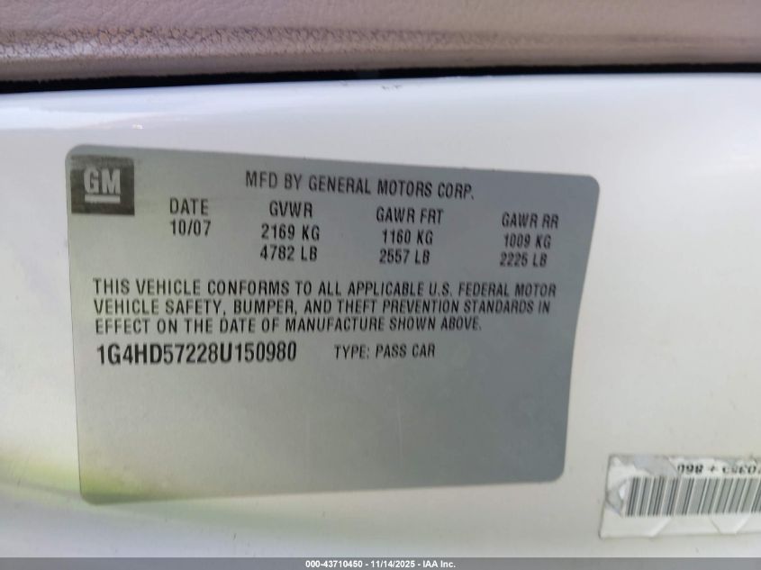 2008 Buick Lucerne Cxl VIN: 1G4HD57228U150980 Lot: 43710450