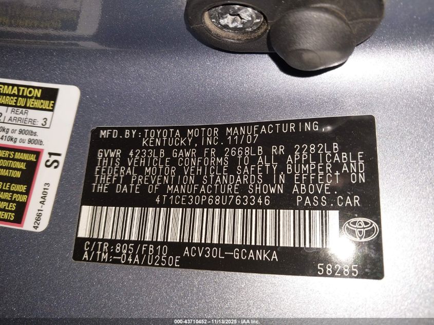 2008 Toyota Camry Solara Se VIN: 4T1CE30P68U763346 Lot: 43710452