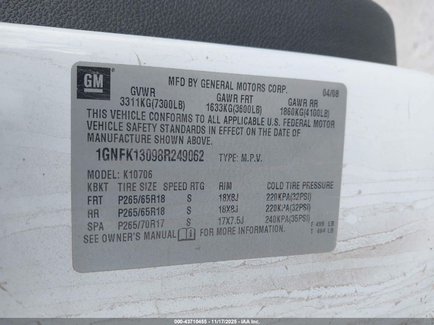 2008 Chevrolet Tahoe Lt VIN: 1GNFK13098R249062 Lot: 43710455