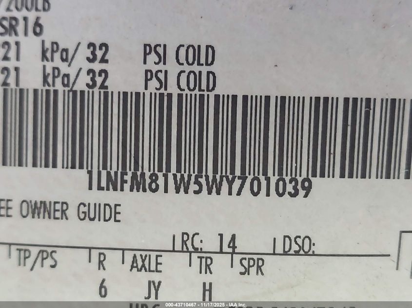 1998 Lincoln Town Car Executive VIN: 1LNFM81W5WY701039 Lot: 43710467