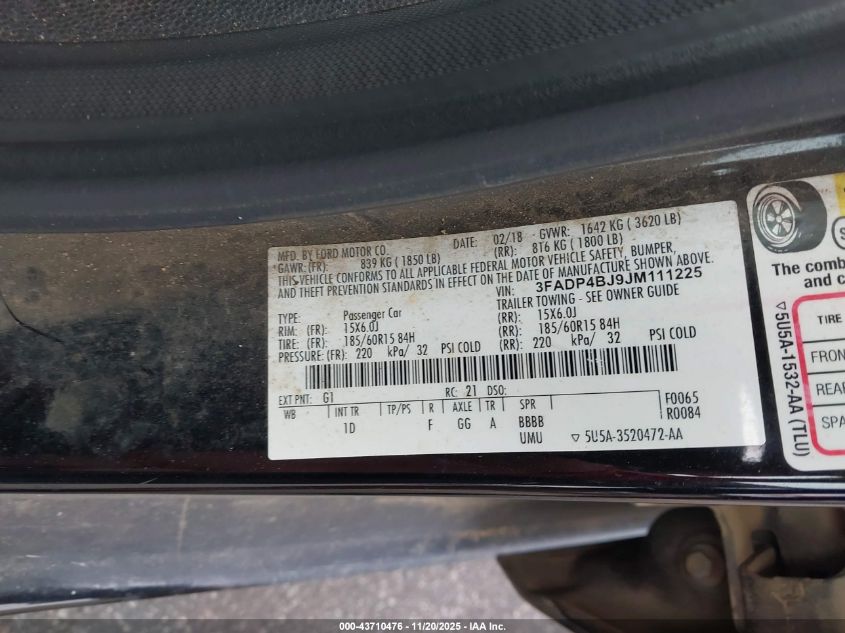 2018 Ford Fiesta Se VIN: 3FADP4BJ9JM111225 Lot: 43710476