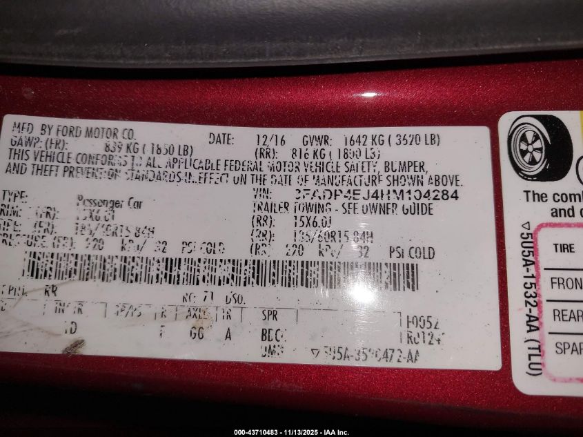 2017 Ford Fiesta Se VIN: 3FADP4EJ4HM104284 Lot: 43710483