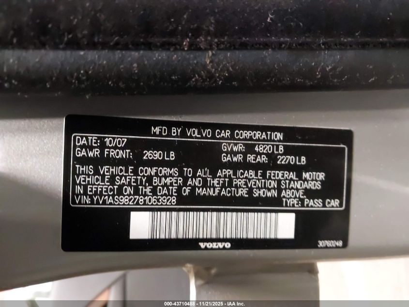 2008 Volvo S80 3.2 VIN: YV1AS982781063928 Lot: 43710488