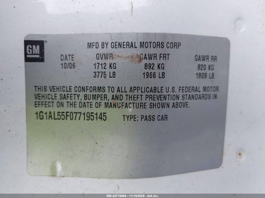 2007 Chevrolet Cobalt Lt VIN: 1G1AL55F077195145 Lot: 43710494