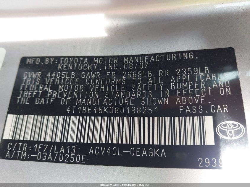 2008 Toyota Camry Xle VIN: 4T1BE46K08U198251 Lot: 43710496