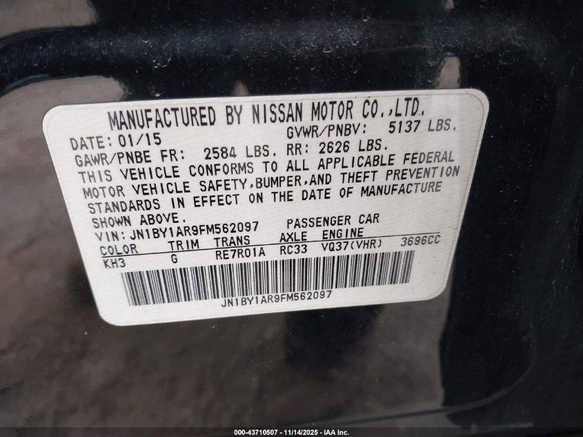 2015 Infiniti Q70 3.7X VIN: JN1BY1AR9FM562097 Lot: 43710507