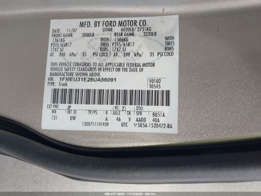 2008 Ford Explorer Sport Trac Xlt VIN: 1FMEU31E28UA56091 Lot: 43710540