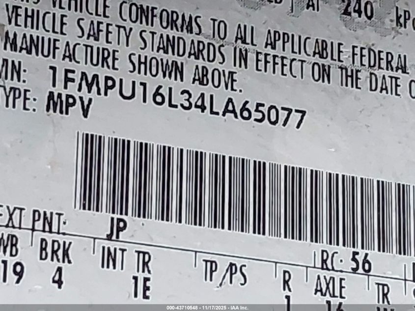 2004 Ford Expedition Nbx/Xlt VIN: 1FMPU16L34LA65077 Lot: 43710548