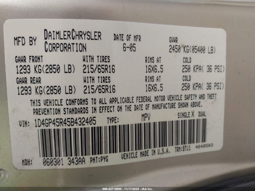 2005 Dodge Caravan Sxt VIN: 1D4GP45R45B432405 Lot: 43710550