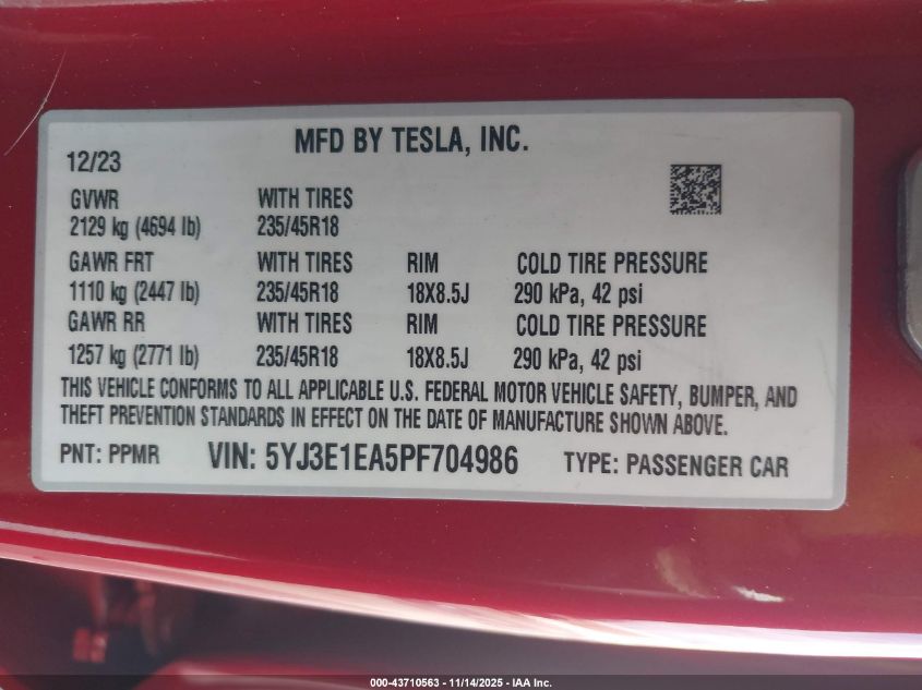 2023 Tesla Model 3 Rear-Wheel Drive VIN: 5YJ3E1EA5PF704986 Lot: 43710563