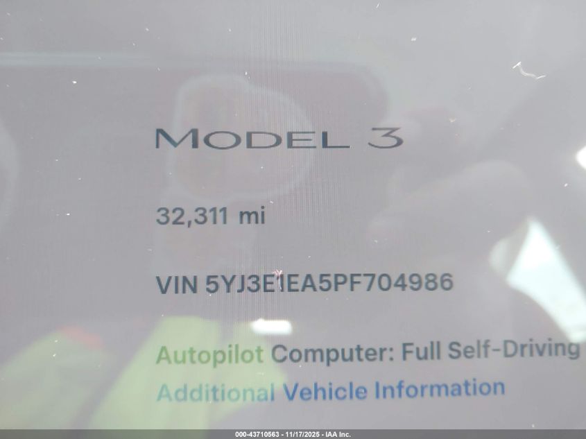 2023 Tesla Model 3 Rear-Wheel Drive VIN: 5YJ3E1EA5PF704986 Lot: 43710563