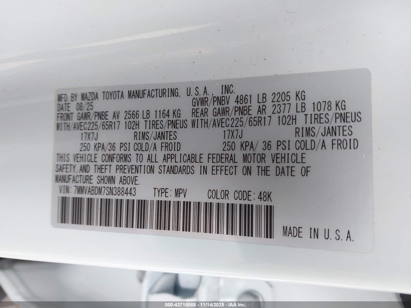 2025 MAZDA CX-50 2.5L I-4 DI, DOHC, V(VIN: 7MMVABDM7SN388443