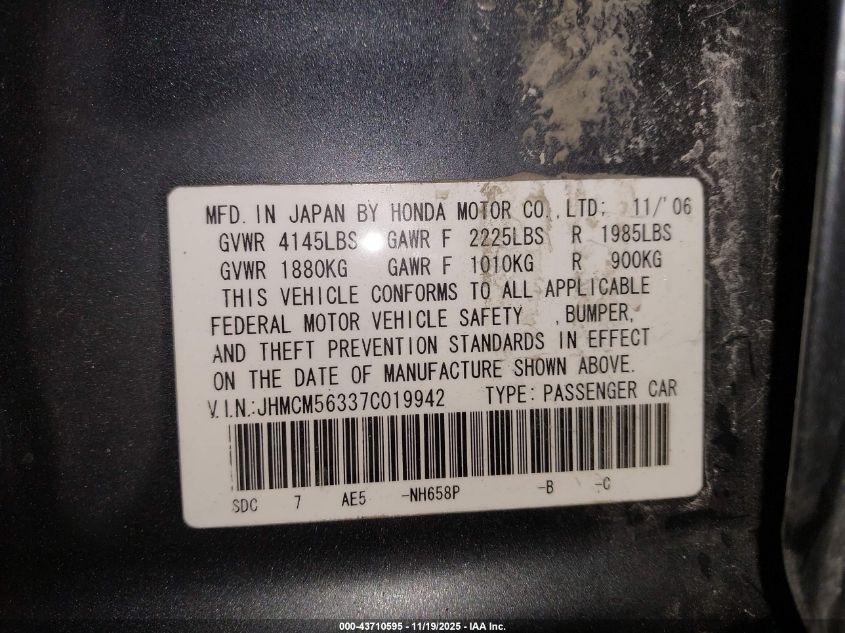 2007 Honda Accord 2.4 Se VIN: JHMCM56337C019942 Lot: 43710595