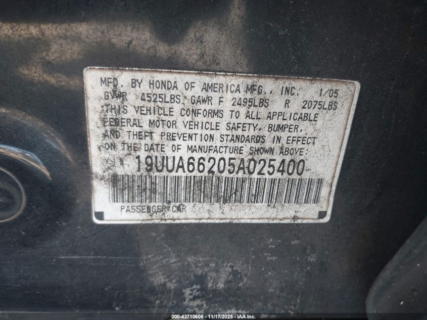 2005 Acura Tl VIN: 19UUA66205A025400 Lot: 43710606
