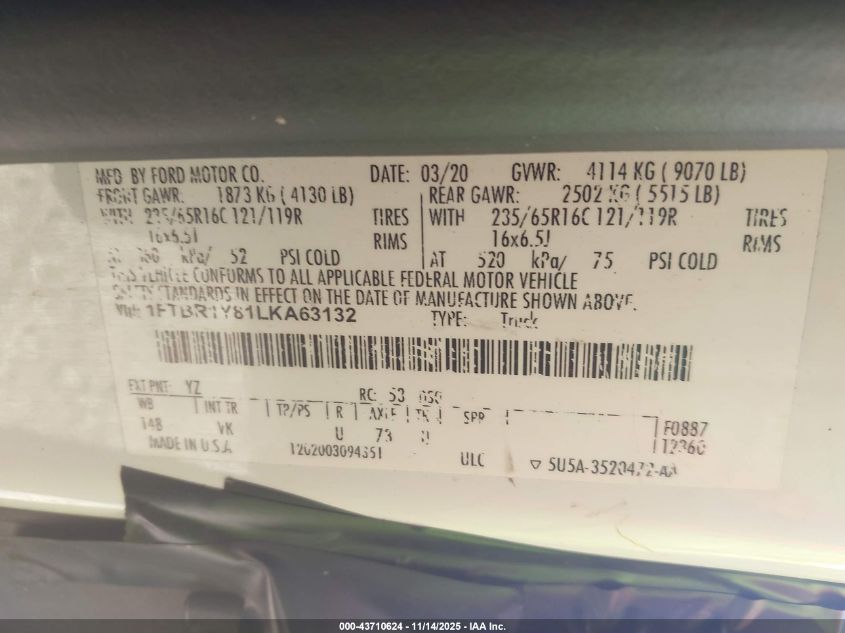 2020 Ford Transit-250 VIN: 1FTBR1Y81LKA63132 Lot: 43710624