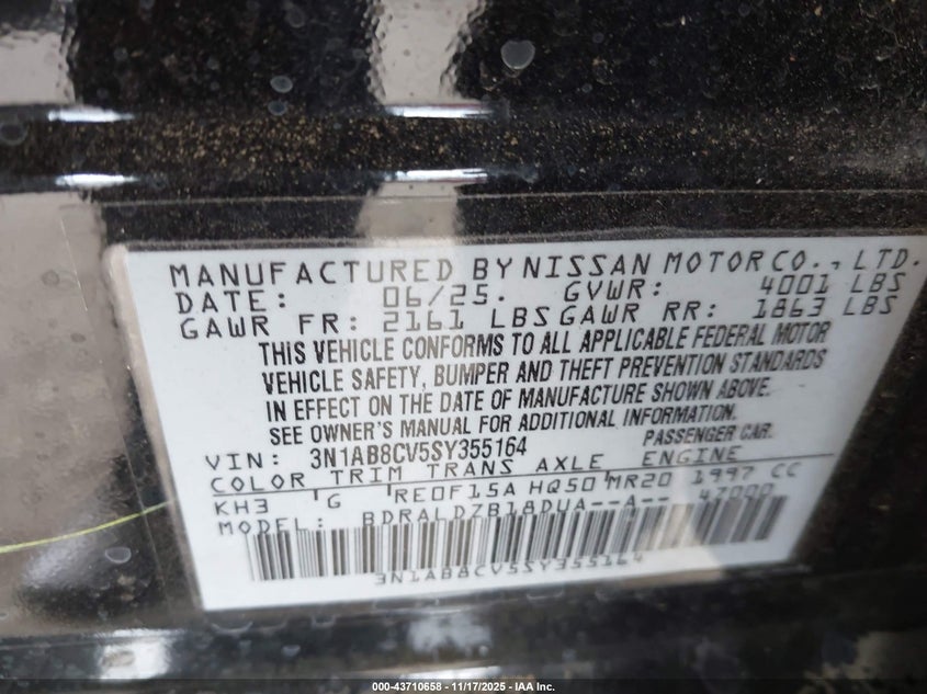 VIN 3N1AB8CV5SY355164 2025 NISSAN SENTRA SV