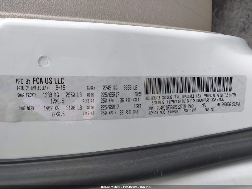 2016 Chrysler Town & Country Touring VIN: 2C4RC1BG7GR132719 Lot: 43710682