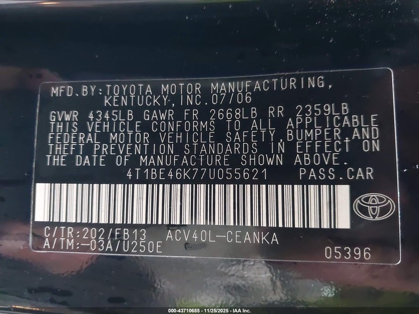 2007 Toyota Camry Le VIN: 4T1BE46K77U055621 Lot: 43710685