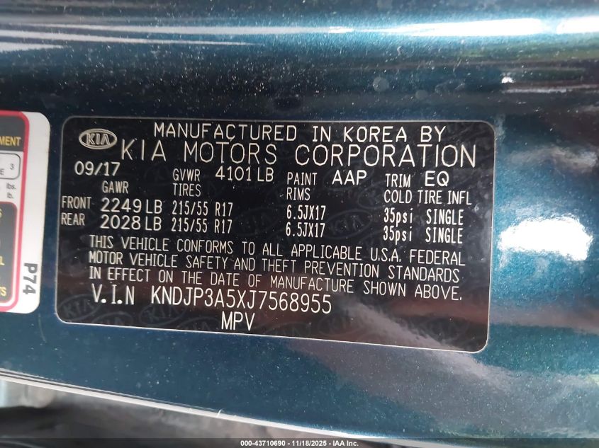 2018 Kia Soul + VIN: KNDJP3A5XJ7568955 Lot: 43710690