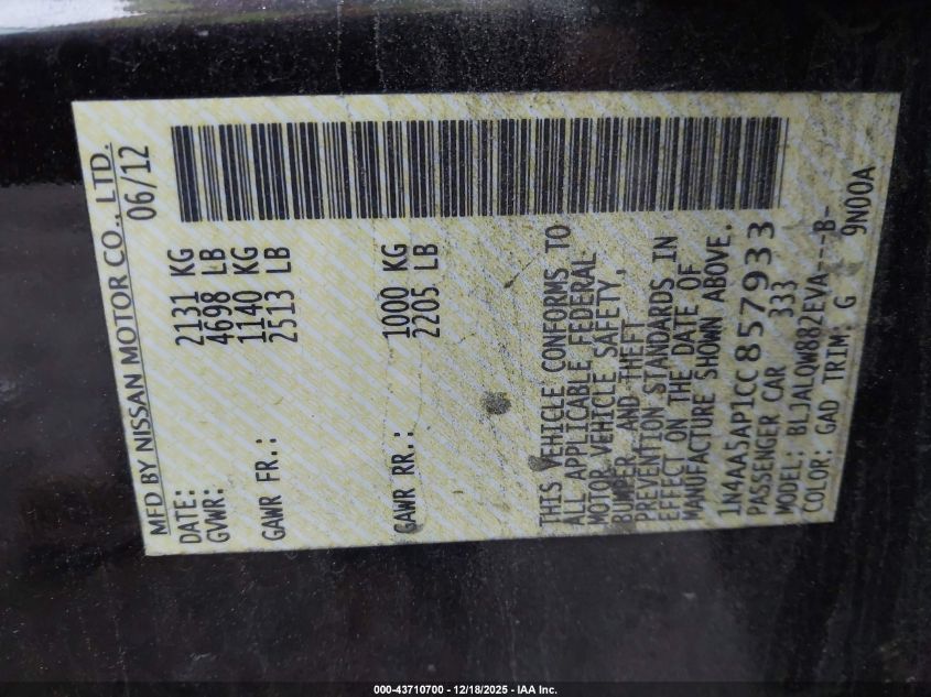 2012 Nissan Maxima 3.5 S VIN: 1N4AA5AP1CC857933 Lot: 43710700