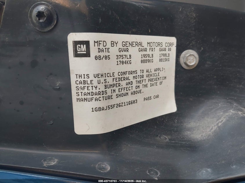 2006 Saturn Ion 2 VIN: 1G8AJ55F26Z116603 Lot: 43710703