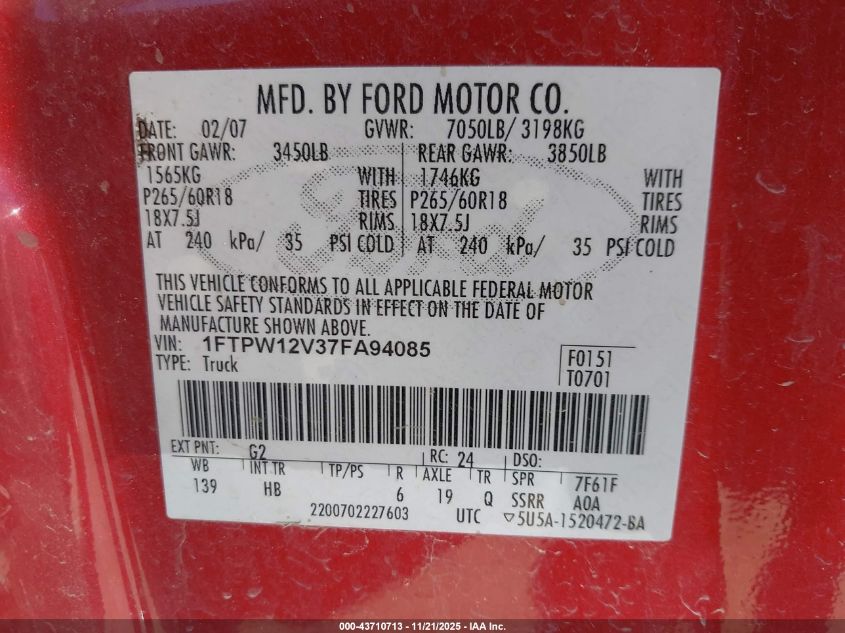 2007 Ford F-150 Lariat/Xlt VIN: 1FTPW12V37FA94085 Lot: 43710713