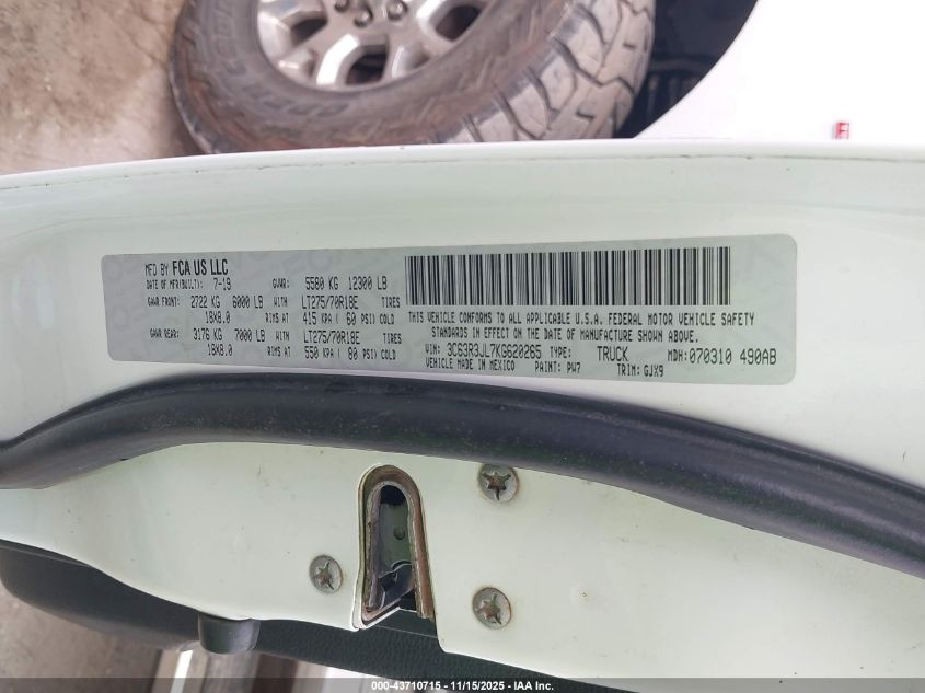 2019 Ram 3500 Laramie 4X4 8' Box VIN: 3C63R3JL7KG620265 Lot: 43710715