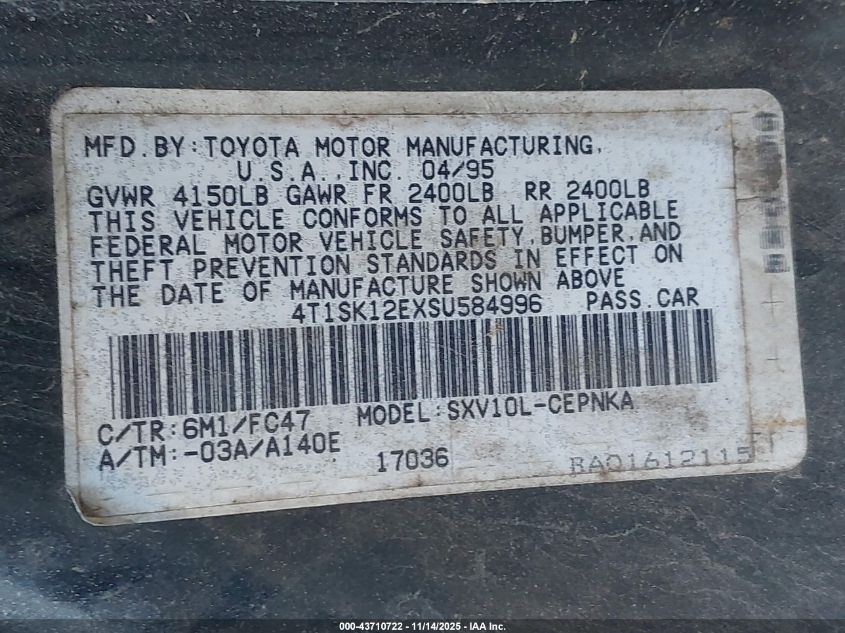 1995 Toyota Camry Le VIN: 4T1SK12EXSU584996 Lot: 43710722