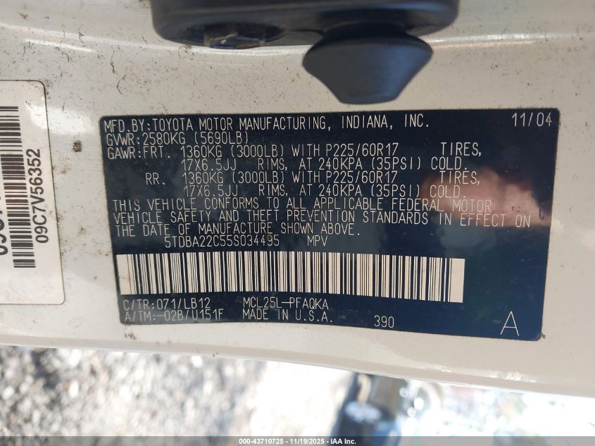 2005 Toyota Sienna Xle Limited VIN: 5TDBA22C55S034495 Lot: 43710725