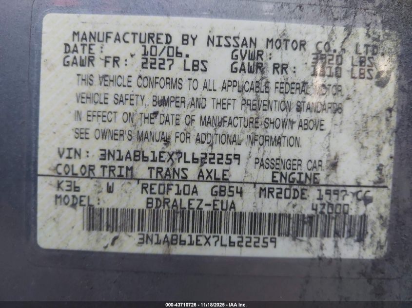 2007 Nissan Sentra 2.0S VIN: 3N1AB61EX7L622259 Lot: 43710726