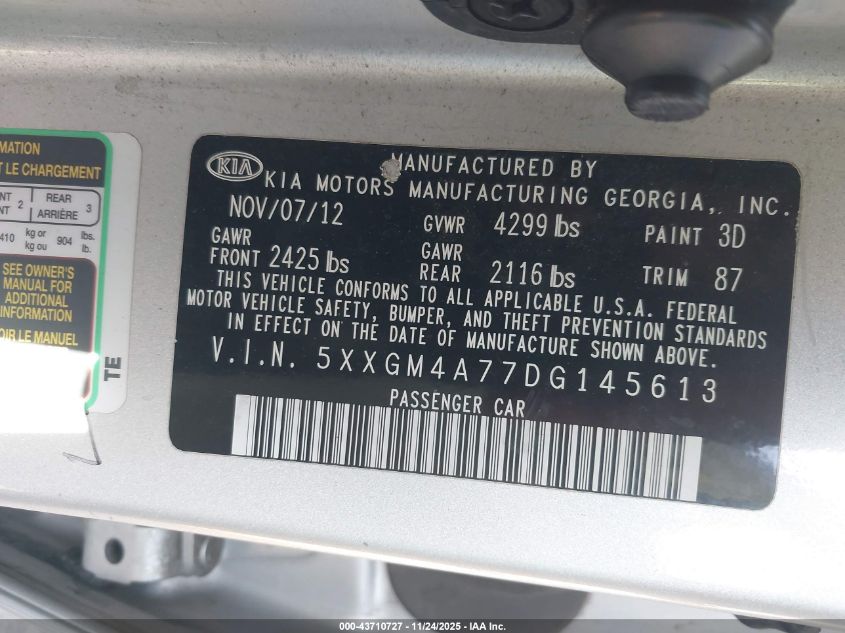 2013 Kia Optima Lx VIN: 5XXGM4A77DG145613 Lot: 43710727