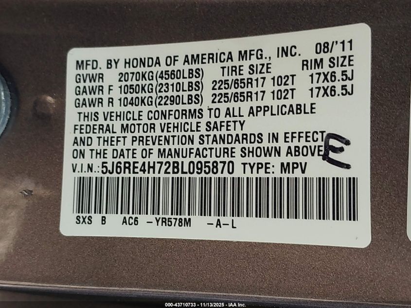 2011 Honda Cr-V Ex-L VIN: 5J6RE4H72BL095870 Lot: 43710733