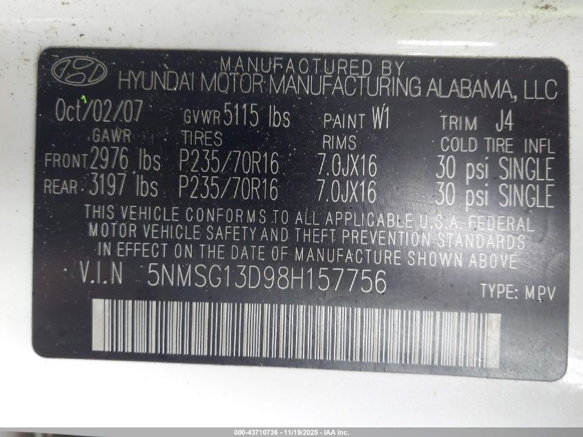 2008 Hyundai Santa Fe Gls VIN: 5NMSG13D98H157756 Lot: 43710736