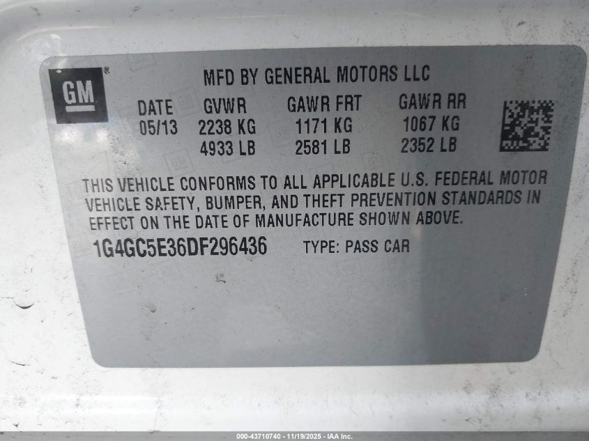 2013 Buick Lacrosse Leather Group VIN: 1G4GC5E36DF296436 Lot: 43710740