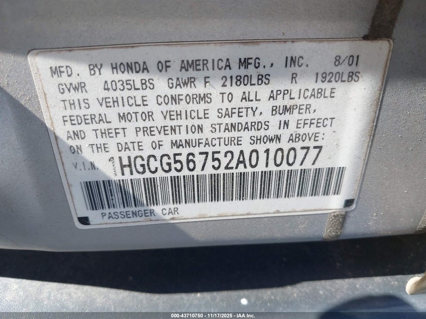 1HGCG56752A010077 2002 HONDA ACCORD photo no. 9