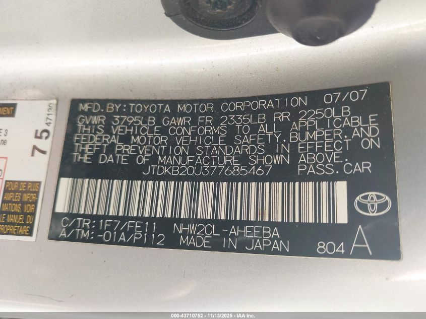 2007 Toyota Prius VIN: JTDKB20U377685467 Lot: 43710752