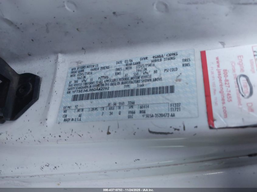 2006 Ford E-350 Super Duty Commercial/Recreational VIN: 1FTSE34L66DA42092 Lot: 43710753